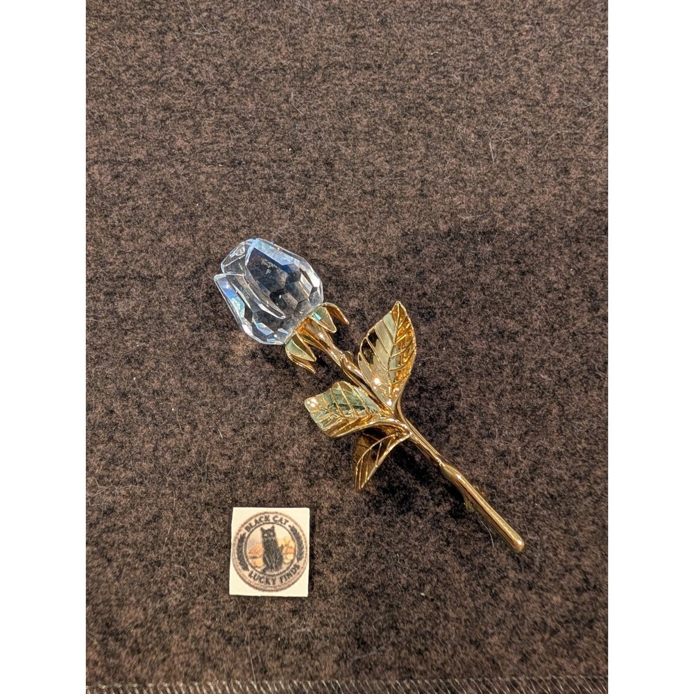Swarovski Crystal Rose Brooch Gold Tone Stem Clear Faceted Flower Pin Swan Logo - Picture 1 of 5